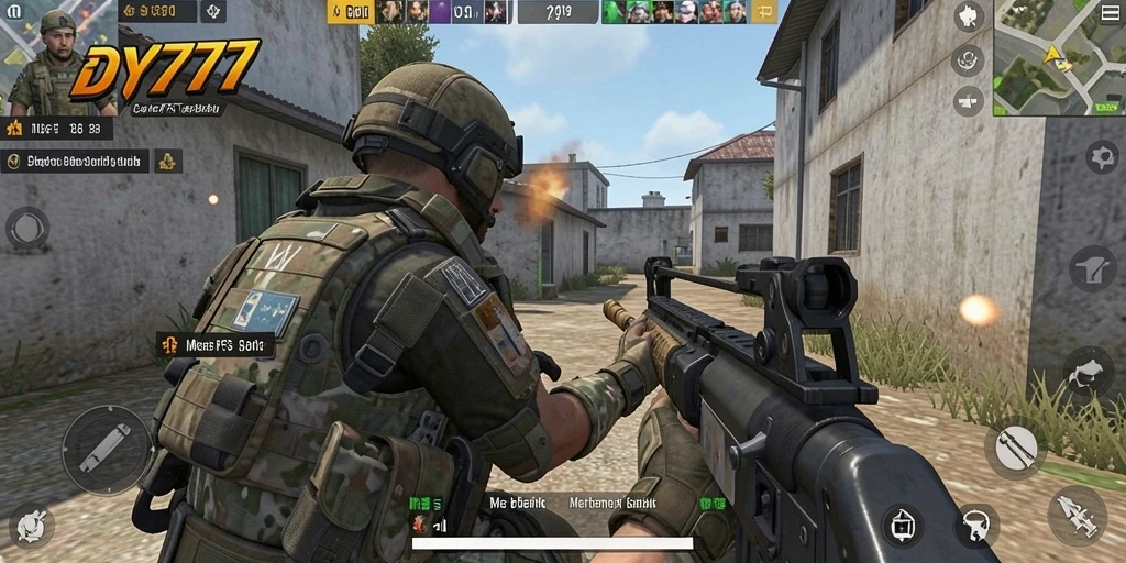 Tangkapan layar utama DY777 menunjukkan aksi menembak yang menegangkan di pertempuran FPS.