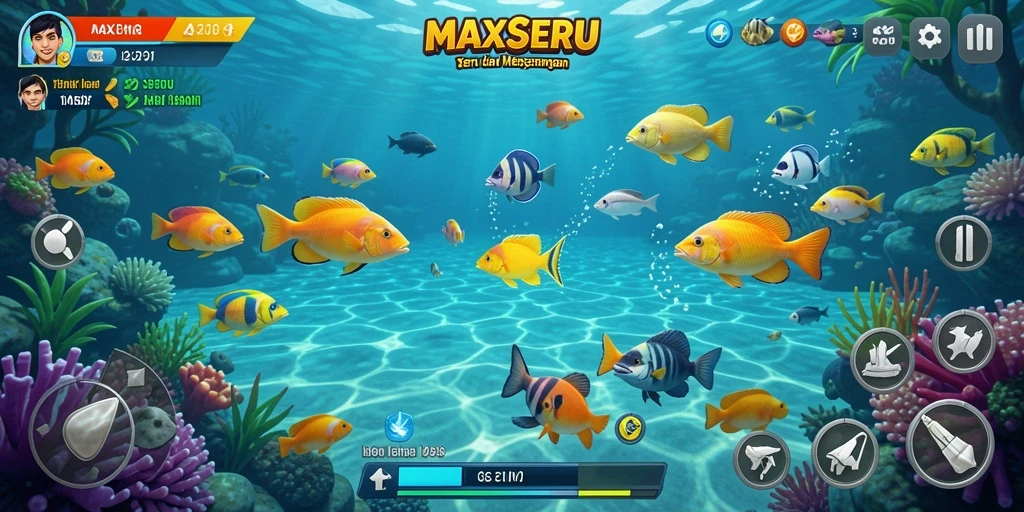 Tampilan gameplay menarik dari MAXSERU dengan aksi memancing ikan.