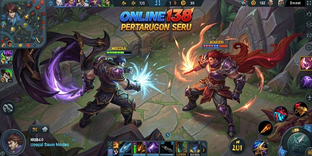 Screenshot utama ONLINE138 menampilkan pertarungan tim MOBA yang intens.