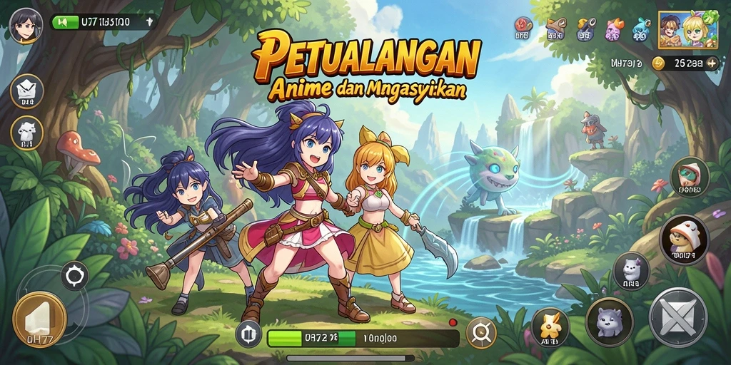 Tampilan gameplay UH77 dengan karakter Anime penuh warna dan aksi menarik.